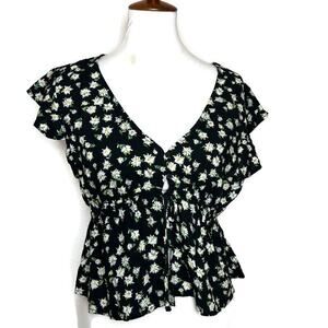 Wild Fable‎ Black Ditsy Daisy Floral Cropped Blouse Size L 90s Y2K Spring Retro